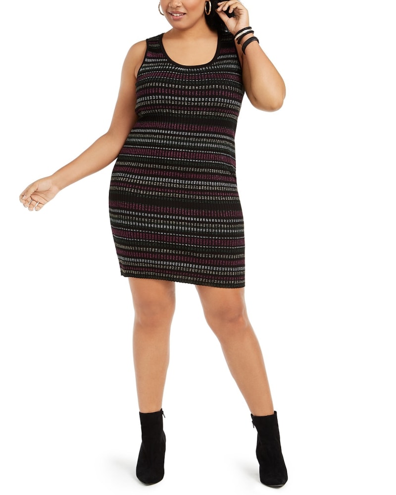 Front of a model wearing a size 3X Derek Heart Women's Trendy Plus Size Metallic-Stripe Bodycon Dress Black Size 3 Extra Large in Black by Planet Gold. | dia_product_style_image_id:313075